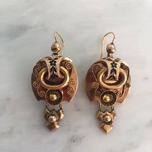 Load image into Gallery viewer, Victorian Russian 14K Gold Articulating Enamel Repousse Earrings