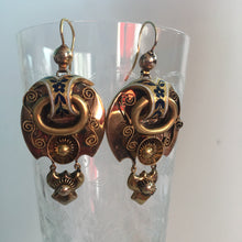 Load image into Gallery viewer, Victorian Russian 14K Gold Articulating Enamel Repousse Earrings