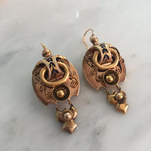 Load image into Gallery viewer, Victorian Russian 14K Gold Articulating Enamel Repousse Earrings