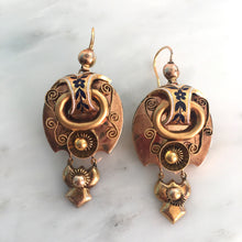 Load image into Gallery viewer, Victorian Russian 14K Gold Articulating Enamel Repousse Earrings