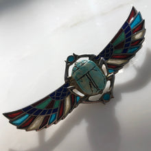 Load image into Gallery viewer, Plique-a-Jour Egyptian Revival Winged Wooden Scarab Brooch