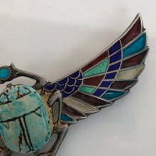 Load image into Gallery viewer, Plique-a-Jour Egyptian Revival Winged Wooden Scarab Brooch