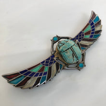 Load image into Gallery viewer, Plique-a-Jour Egyptian Revival Winged Wooden Scarab Brooch