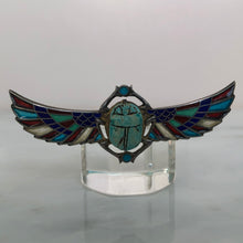 Load image into Gallery viewer, Plique-a-Jour Egyptian Revival Winged Wooden Scarab Brooch