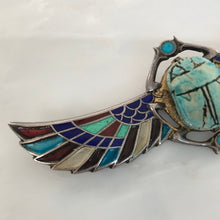 Load image into Gallery viewer, Plique-a-Jour Egyptian Revival Winged Wooden Scarab Brooch