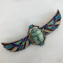 Load image into Gallery viewer, Plique-a-Jour Egyptian Revival Winged Wooden Scarab Brooch