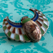 Load image into Gallery viewer, Plique-a-Jour Egyptian Revival Winged Agate Scarab Brooch