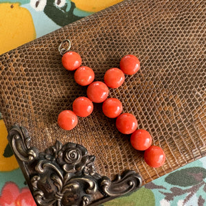 Victorian 1890's Red Natural Coral Silver Cross