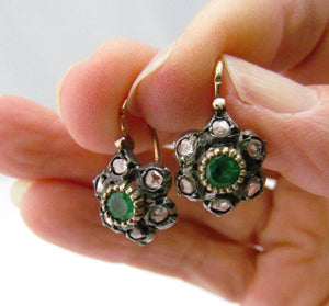 Vintage Emeralds & Rose Cut Diamonds 14K Day & Night Earrings