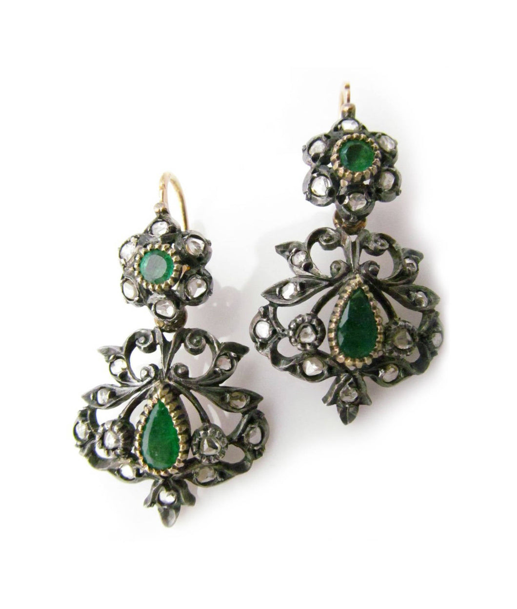 Vintage Emeralds & Rose Cut Diamonds 14K Day & Night Earrings