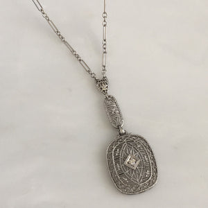 Art Deco Diamond 14K White Gold Filigree Necklace