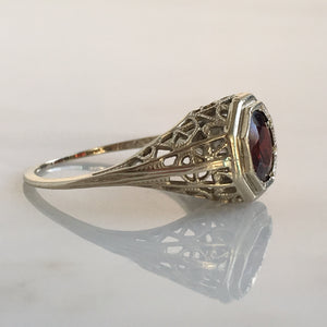 Art Deco Garnet 14K White Gold Filigree Ring