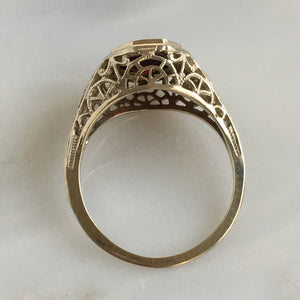 Art Deco Garnet 14K White Gold Filigree Ring