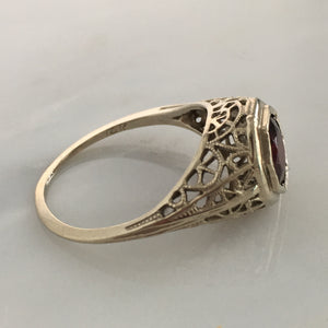 Art Deco Garnet 14K White Gold Filigree Ring