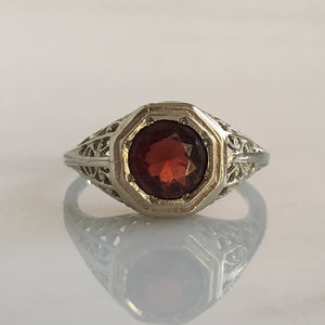 Art Deco Garnet 14K White Gold Filigree Ring