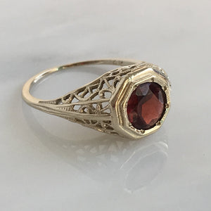 Art Deco Garnet 14K White Gold Filigree Ring