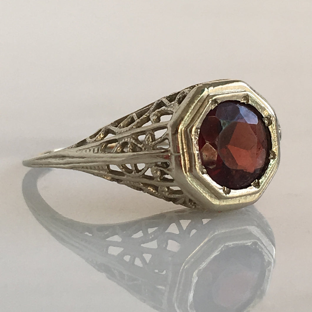 Art Deco Garnet 14K White Gold Filigree Ring