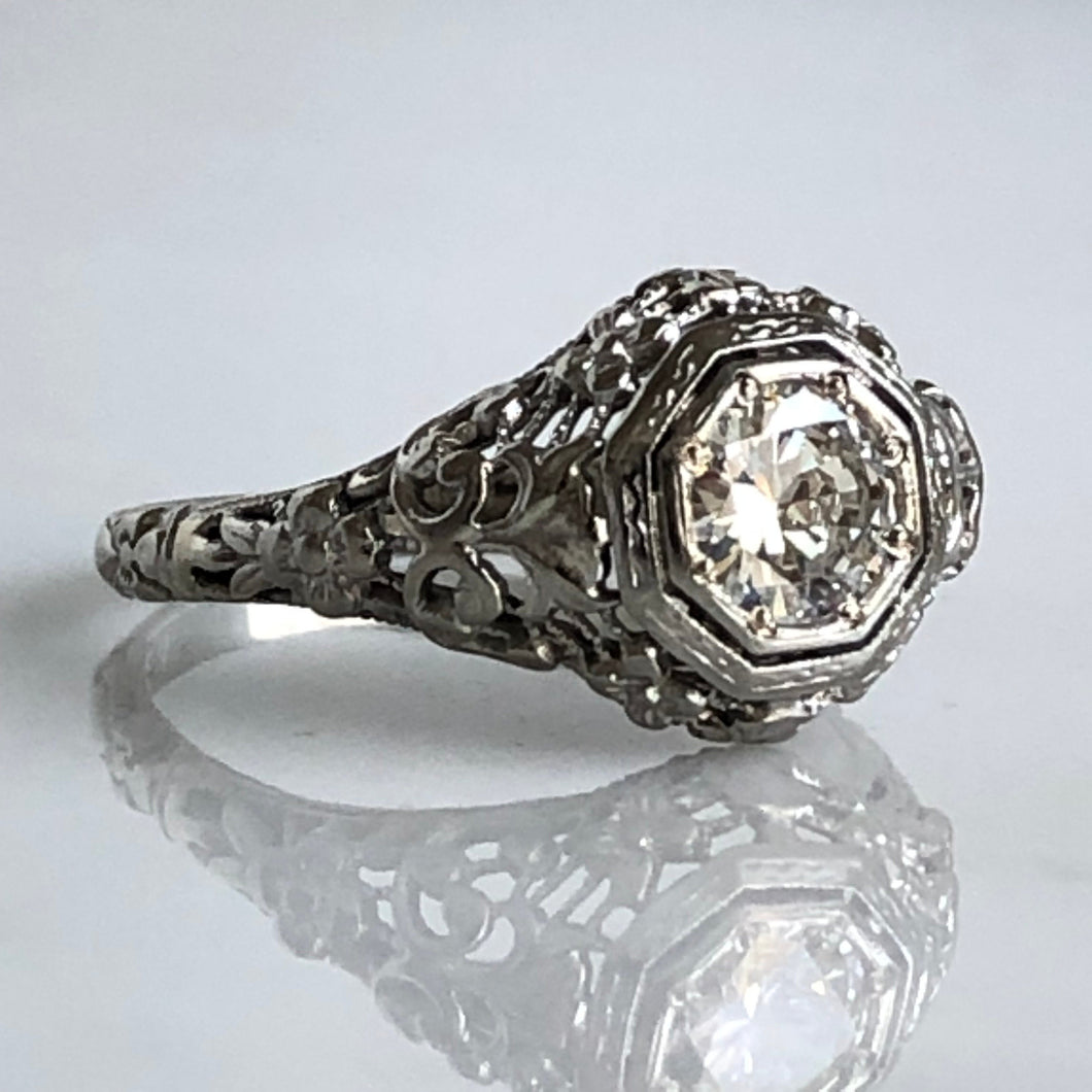 Edwardian .58ct Diamond 18K Gold Filigree Engagement Ring