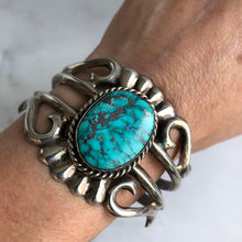 Load image into Gallery viewer, Native American Sand Cast Sterling Turquoise Cuff Bracelet
