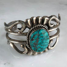 Load image into Gallery viewer, Native American Sand Cast Sterling Turquoise Cuff Bracelet
