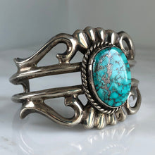 Load image into Gallery viewer, Native American Sand Cast Sterling Turquoise Cuff Bracelet
