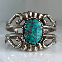 Load image into Gallery viewer, Native American Sand Cast Sterling Turquoise Cuff Bracelet
