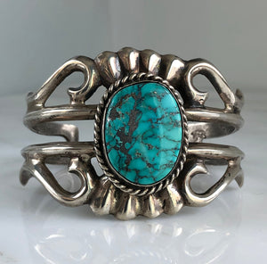 Native American Sand Cast Sterling Turquoise Cuff Bracelet