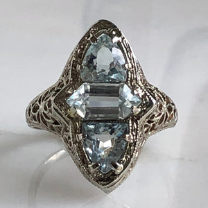 Edwardian Aquamarine Filigree 14K White Gold Ring