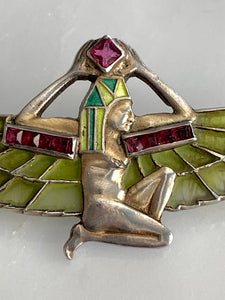 Plique-a-Jour Egyptian Revival Winged Pharaoh Brooch