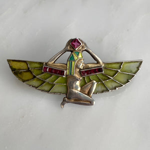 Plique-a-Jour Egyptian Revival Winged Pharaoh Brooch