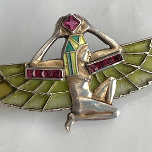 Plique-a-Jour Egyptian Revival Winged Pharaoh Brooch