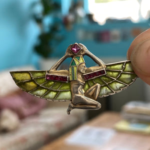 Plique-a-Jour Egyptian Revival Winged Pharaoh Brooch