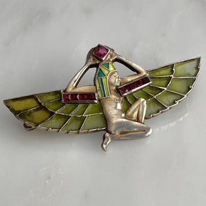 Plique-a-Jour Egyptian Revival Winged Pharaoh Brooch