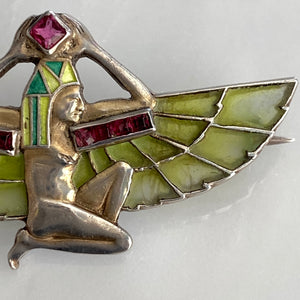 Plique-a-Jour Egyptian Revival Winged Pharaoh Brooch