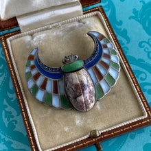 Load image into Gallery viewer, Plique-a-Jour Egyptian Revival Winged Agate Scarab Brooch
