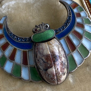 Plique-a-Jour Egyptian Revival Winged Agate Scarab Brooch