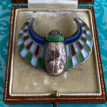 Load image into Gallery viewer, Plique-a-Jour Egyptian Revival Winged Agate Scarab Brooch
