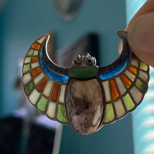 Plique-a-Jour Egyptian Revival Winged Agate Scarab Brooch