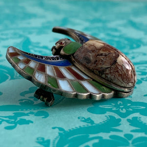 Plique-a-Jour Egyptian Revival Winged Agate Scarab Brooch