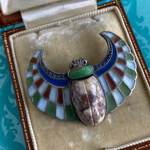 Plique-a-Jour Egyptian Revival Winged Agate Scarab Brooch