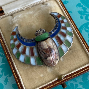 Plique-a-Jour Egyptian Revival Winged Agate Scarab Brooch