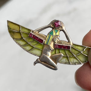 Plique-a-Jour Egyptian Revival Winged Pharaoh Brooch