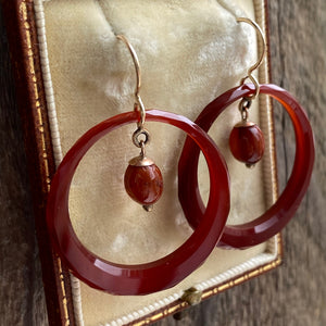 Victorian Carnelian Faceted Hoop 9K Earrings