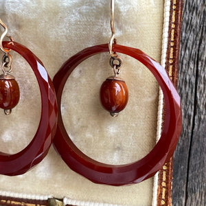 Victorian Carnelian Faceted Hoop 9K Earrings