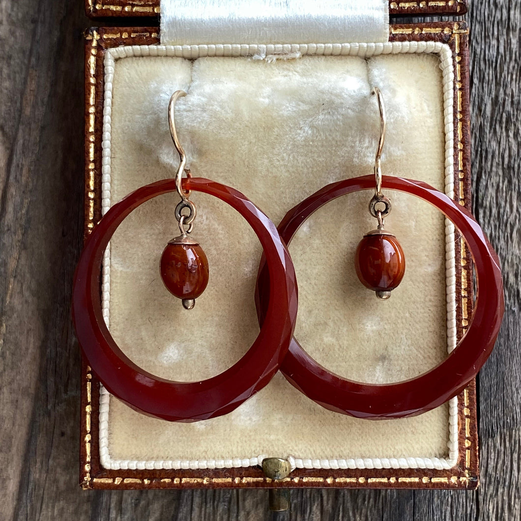 Victorian Carnelian Faceted Hoop 9K Earrings