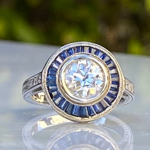 Art Deco Style Diamond & Sapphire 1.38ct Platinum Ring