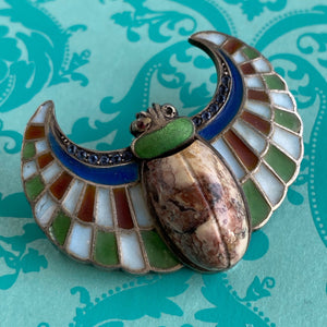 Plique-a-Jour Egyptian Revival Winged Agate Scarab Brooch