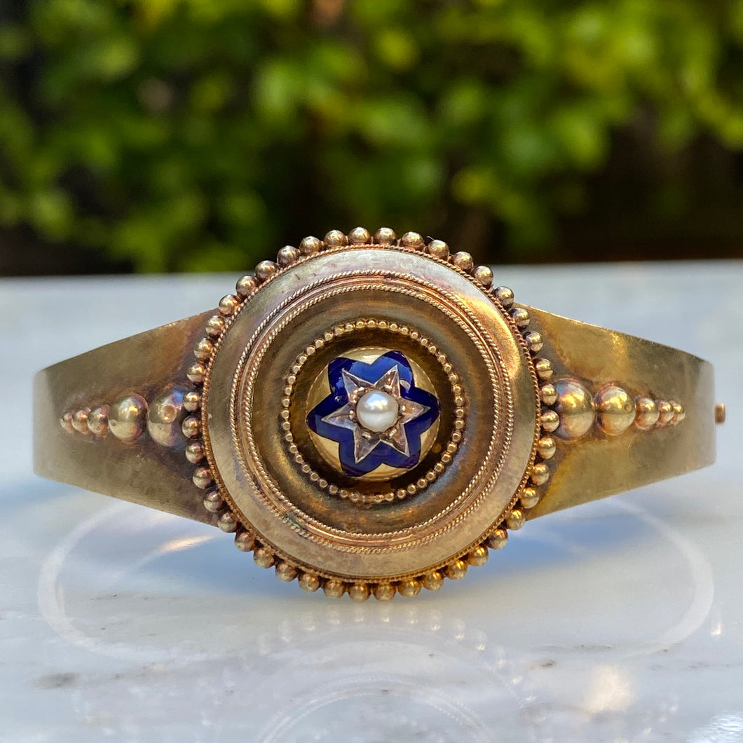 Victorian 14K Gold Enamel Star Bangle Bracelet