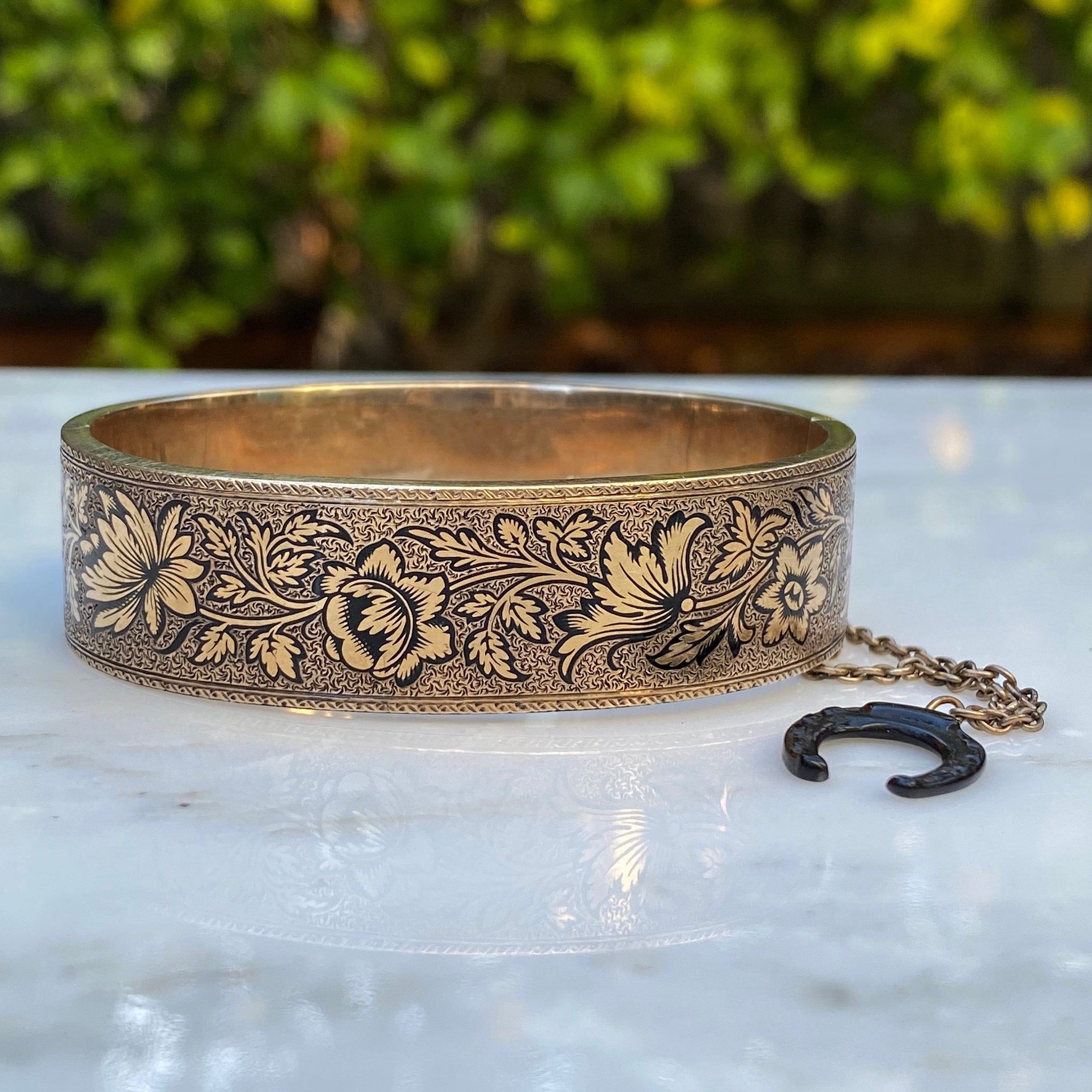 Gold Filled Bangle Bracelet with etched floral design - 7
