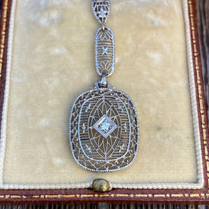 Art Deco Diamond 14K White Gold Filigree Necklace